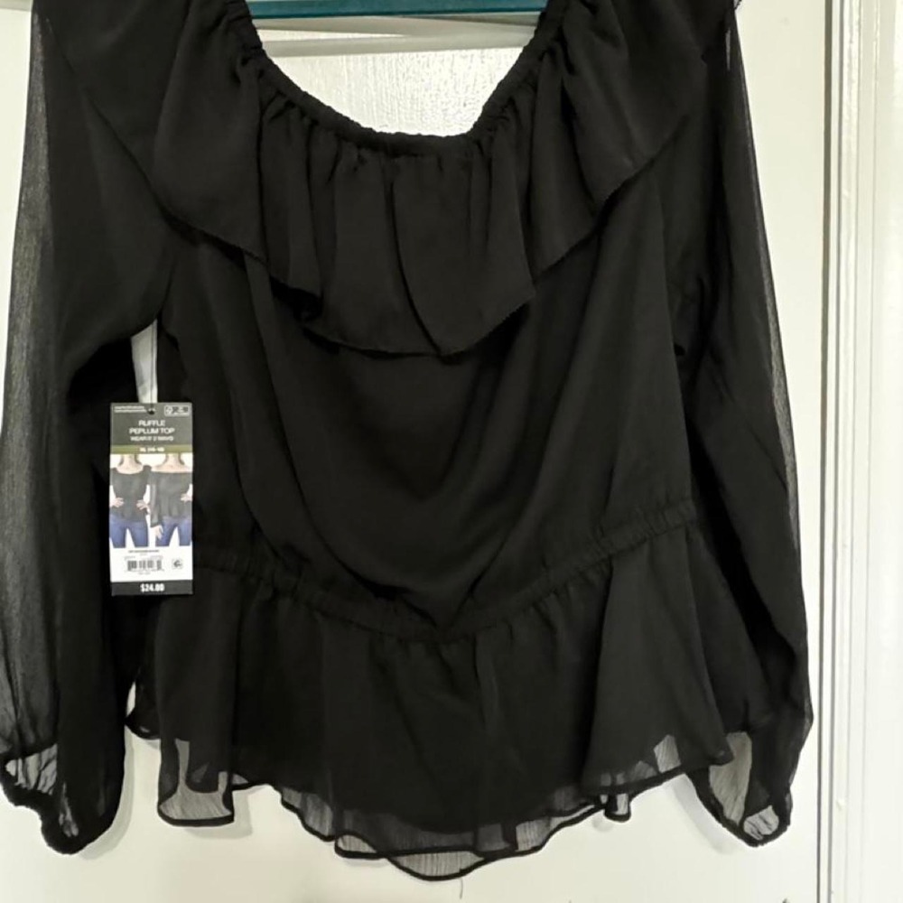 Sofia Jeans by Sofia Vergara Black Ruffle Peplum Top 2-Way Neckline XL 16-18 NWT